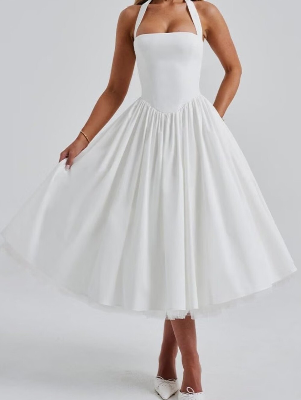 Elegant White Halter Midi Dress With Corset Back Size 8-10